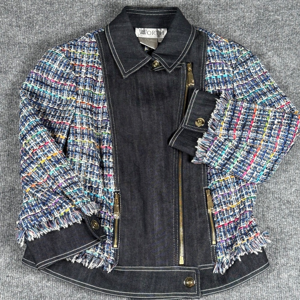 Worth Women's Blue Tweed Denim Moto Jacket Size 4 Colorful Frayed Trim Zipper